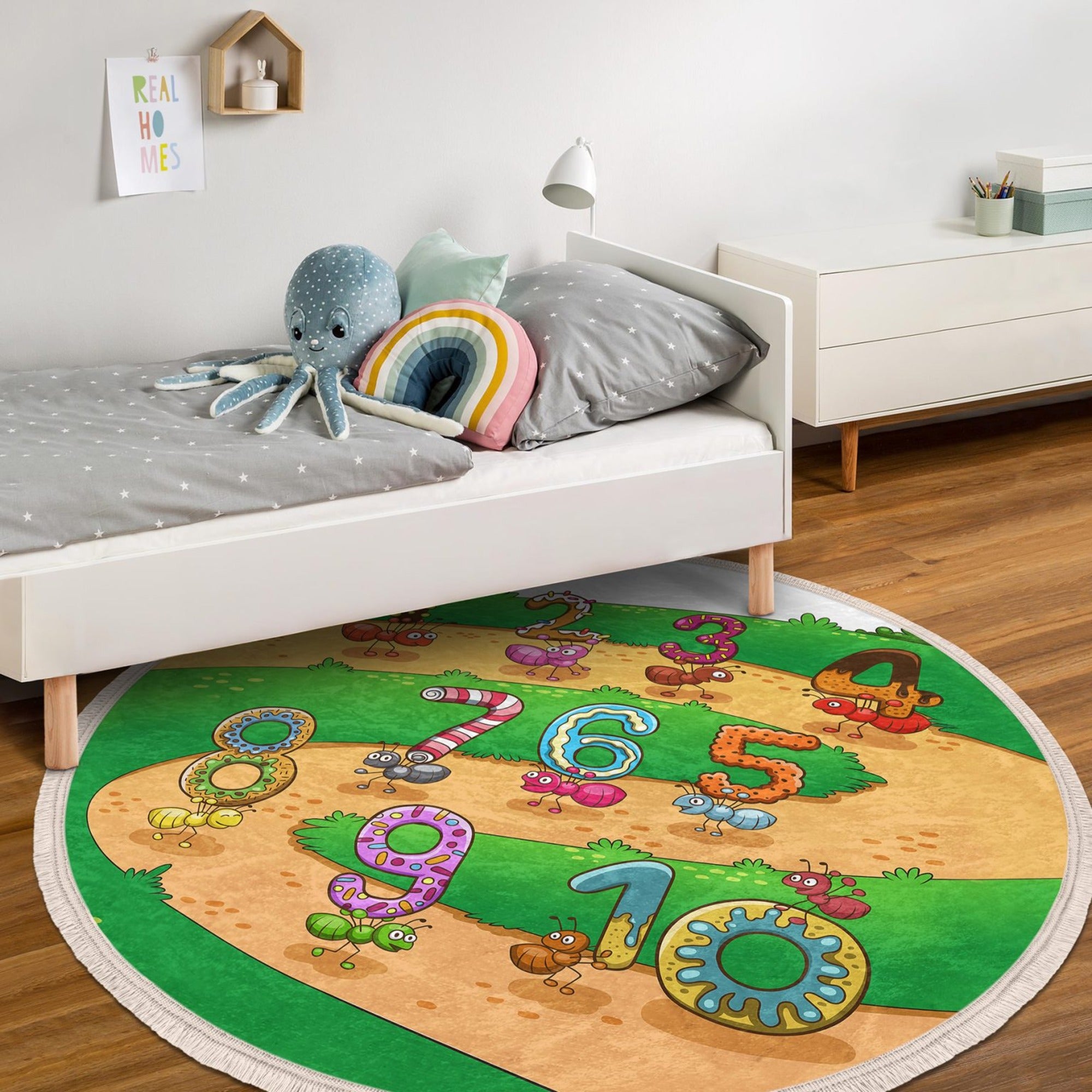 Colorful kids room area rug featuring playful ants and numbers, perfect for nurseries and play areas.