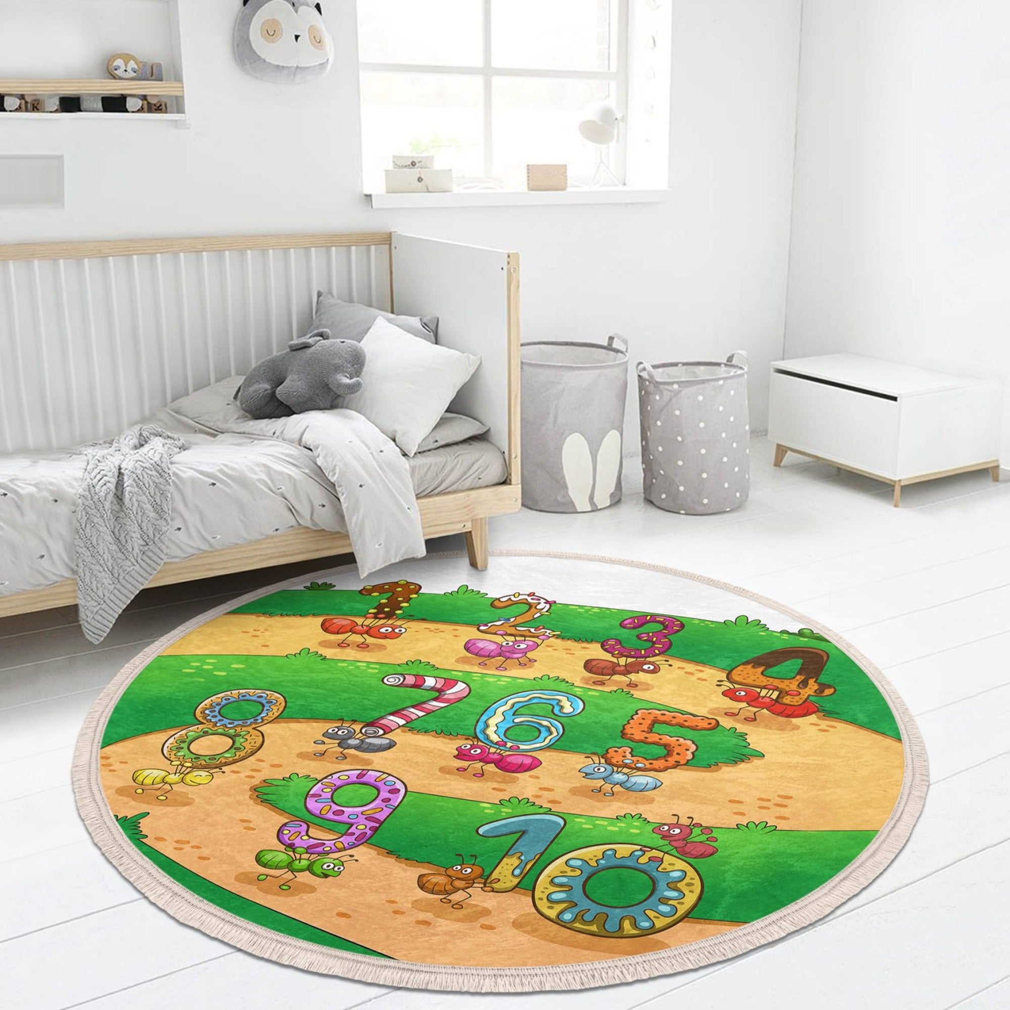 Colorful kids room area rug featuring playful ants and numbers, perfect for nurseries and play areas.