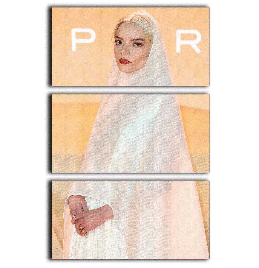 A stunning 3-panel canvas featuring Anya Taylor Joy at the Dune Part Two premiere, showcasing vibrant colors and elegant design.
