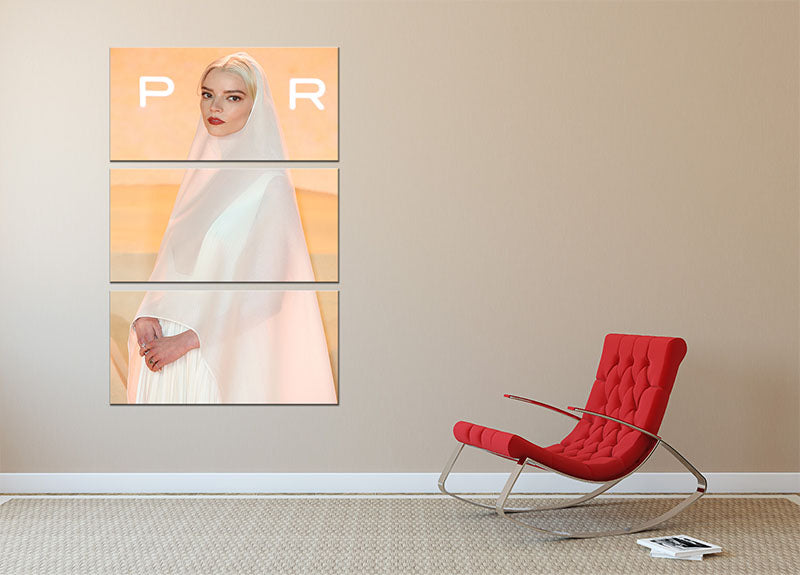 A stunning 3-panel canvas featuring Anya Taylor Joy at the Dune Part Two premiere, showcasing vibrant colors and elegant design.