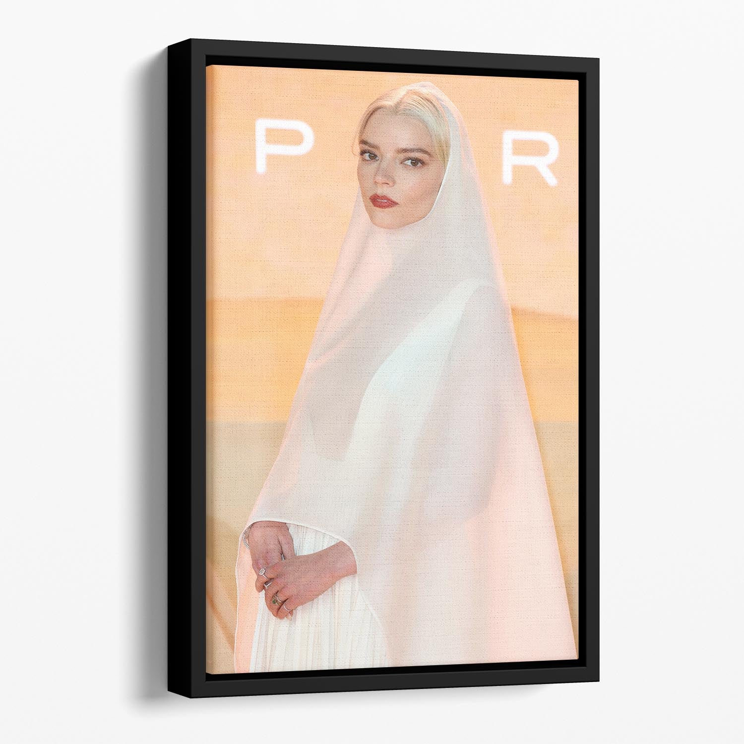 Anya Taylor Joy at the Dune Part Two premiere, elegantly framed in a floating frame, showcasing vibrant colors and modern design.