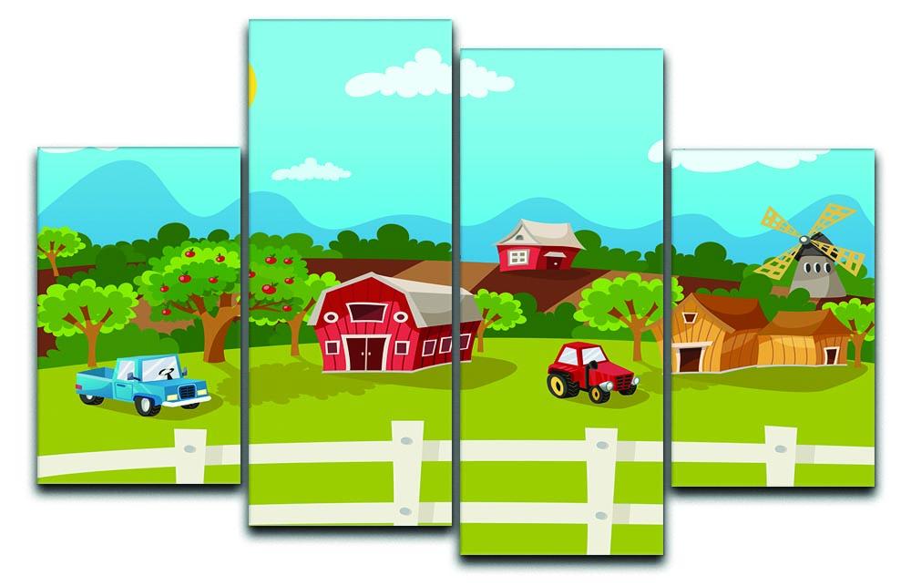 A beautiful 4 split panel canvas artwork depicting an apple garden in a serene rural landscape, showcasing vibrant colors and intricate details.