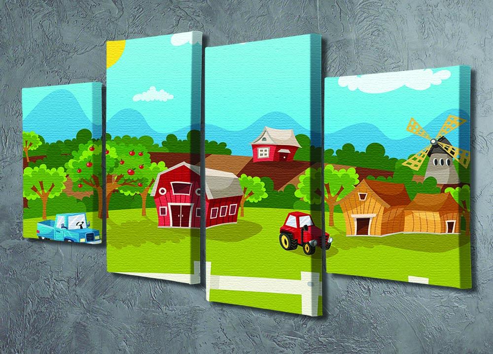 A beautiful 4 split panel canvas artwork depicting an apple garden in a serene rural landscape, showcasing vibrant colors and intricate details.