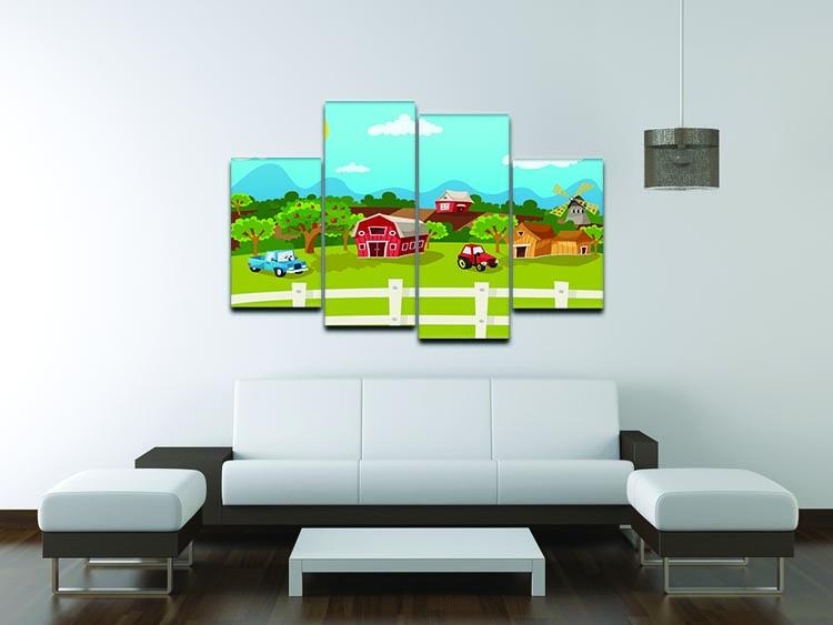 A beautiful 4 split panel canvas artwork depicting an apple garden in a serene rural landscape, showcasing vibrant colors and intricate details.