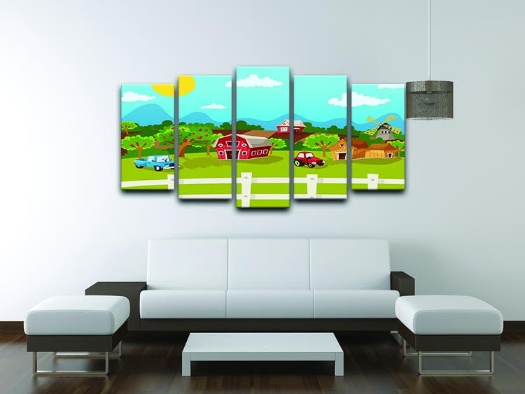 A beautiful 5 split panel canvas artwork depicting an apple garden in a rural landscape, showcasing vibrant colors and intricate details.