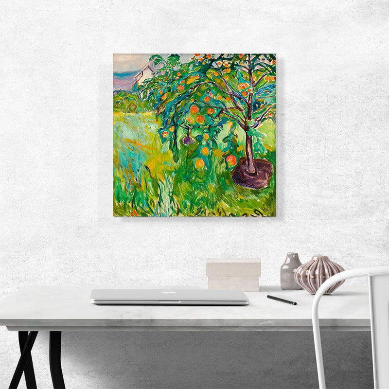 A beautiful canvas print of an apple tree, showcasing vibrant colors and intricate details, perfect for home decor.