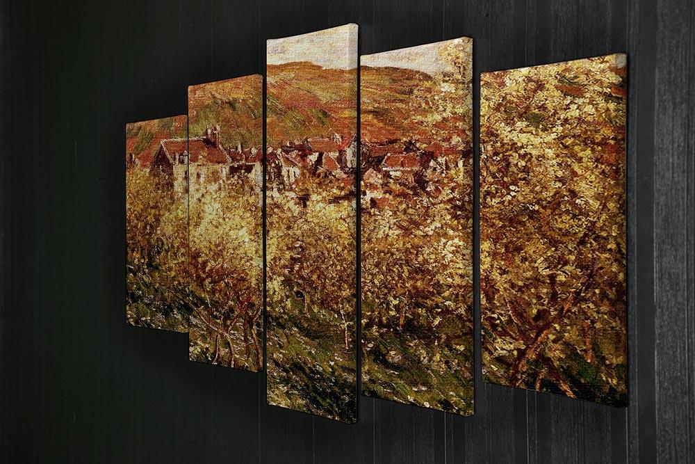 A beautiful 5-split panel canvas artwork depicting Monet's Apple Trees In Blossom, showcasing vibrant colors and intricate details.