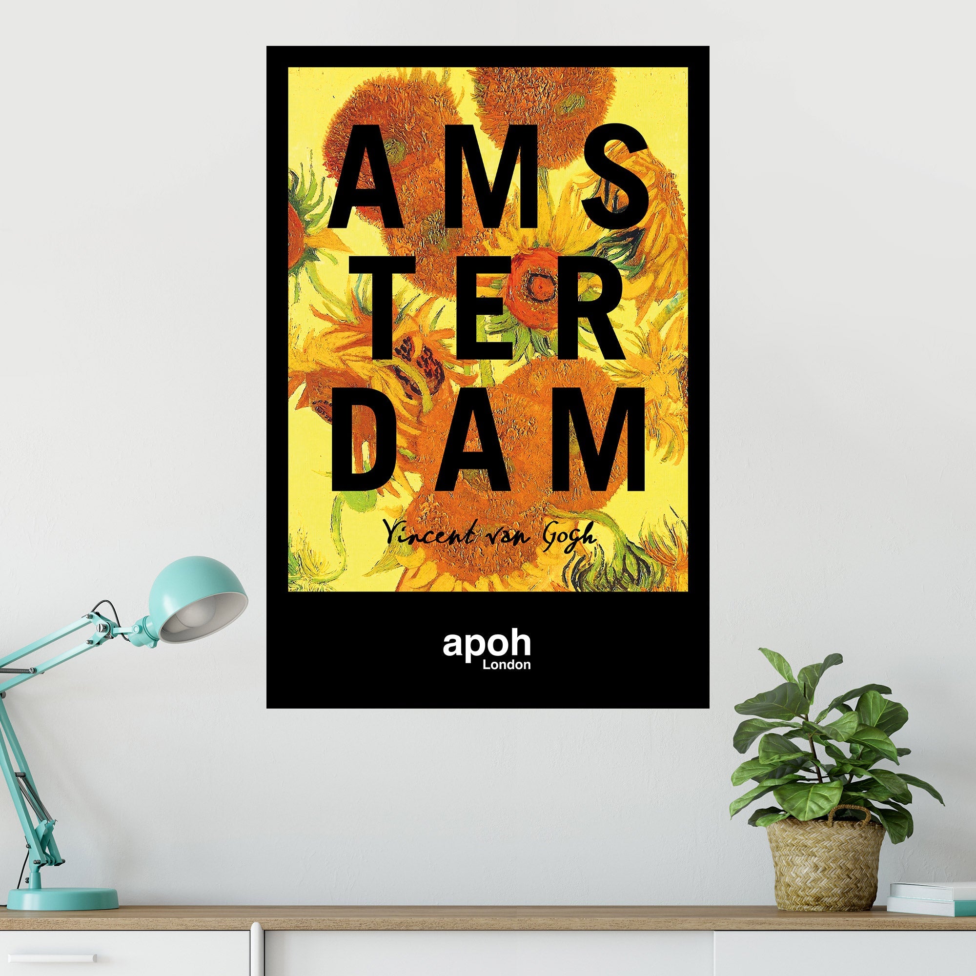 Apoh Van Gogh Sunflowers Poster featuring vibrant yellow sunflowers against a textured background, perfect for home decor.