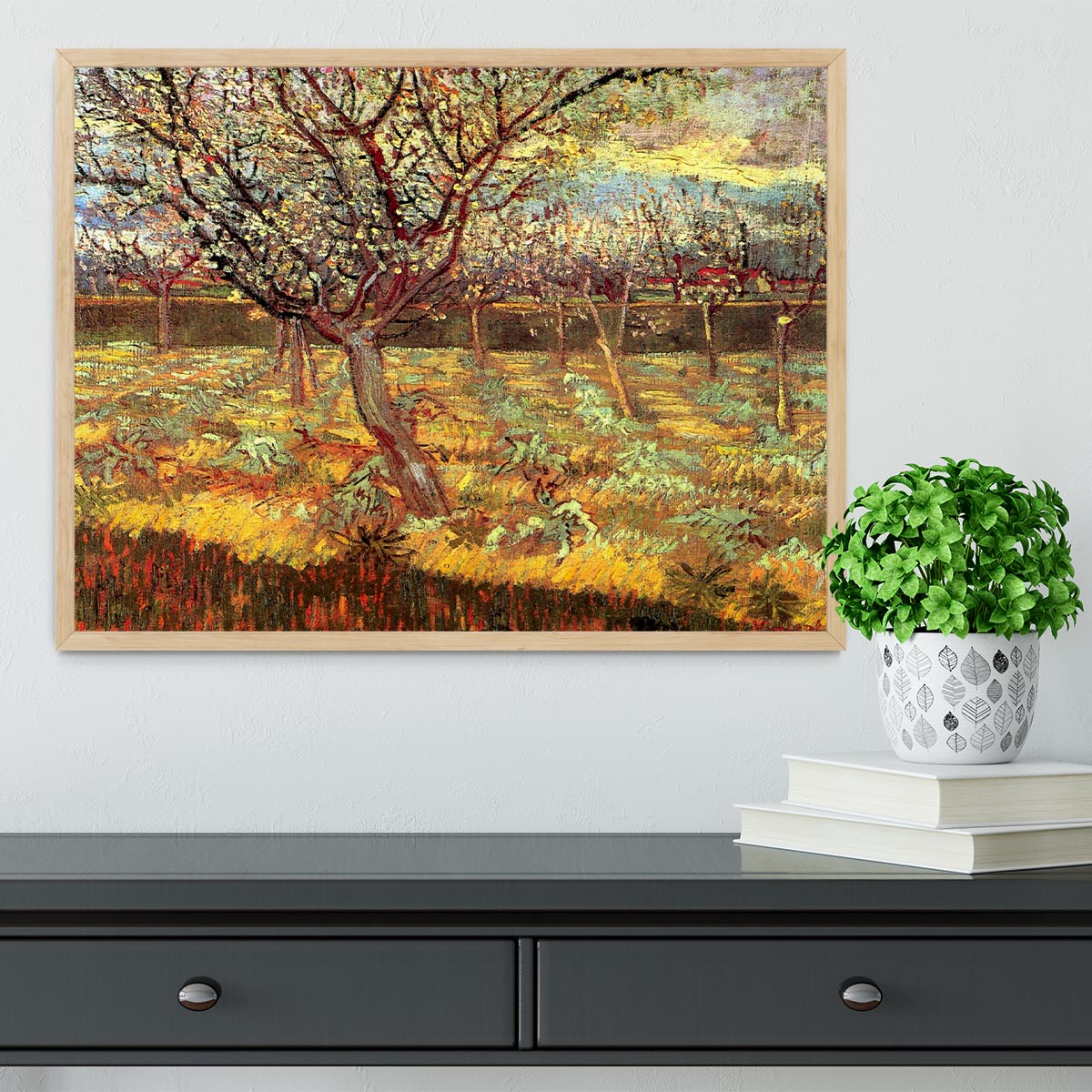 Framed print of Van Gogh's Apricot Trees in Blossom, showcasing vibrant colors and intricate details in a stylish frame.