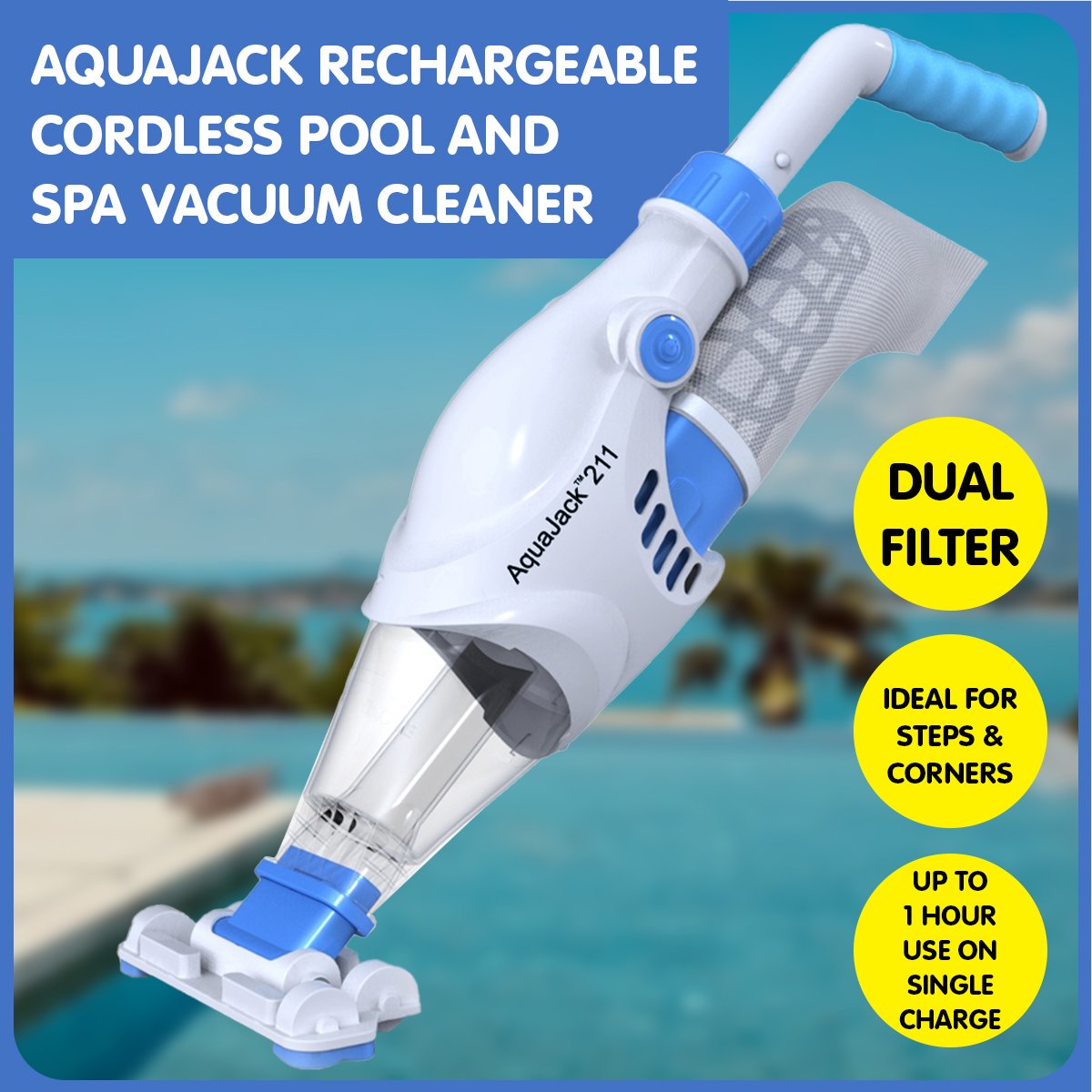 Aquajack 211 Cordless Rechargeable Spa and Pool Vacuum Cleaner with wide suction head and rechargeable battery.