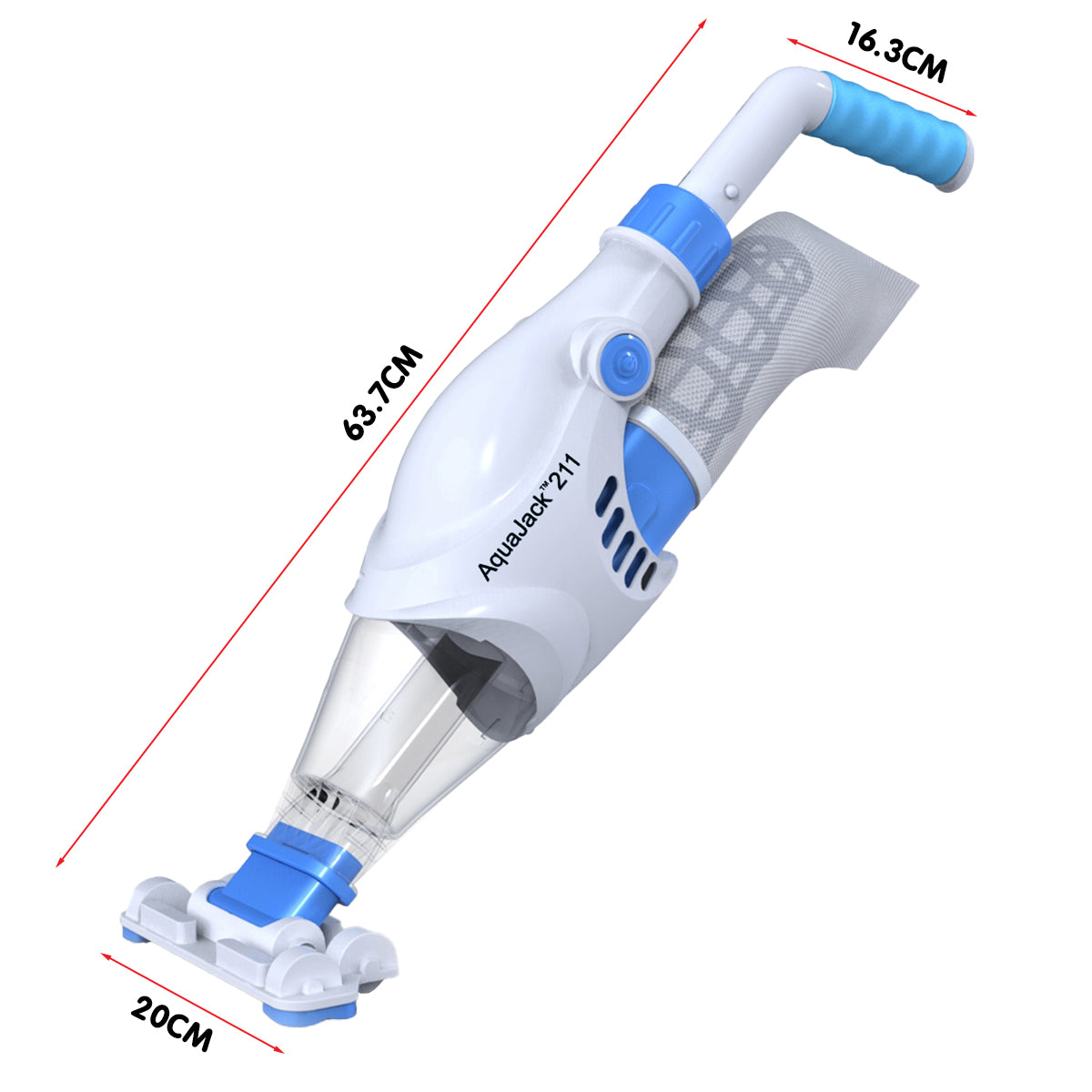 Aquajack 211 Cordless Rechargeable Spa and Pool Vacuum Cleaner with wide suction head and rechargeable battery.