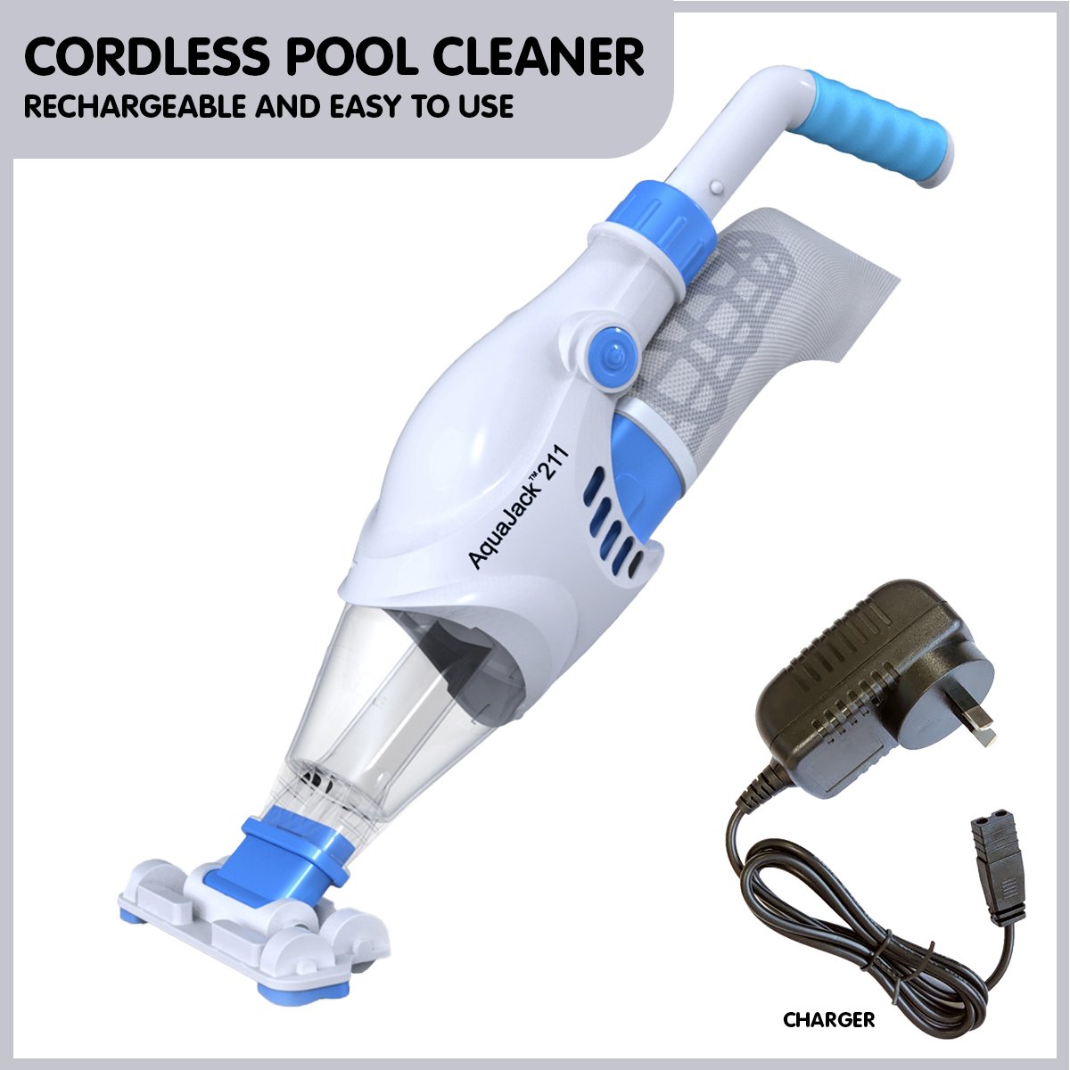 Aquajack 211 Cordless Rechargeable Spa and Pool Vacuum Cleaner with wide suction head and rechargeable battery.