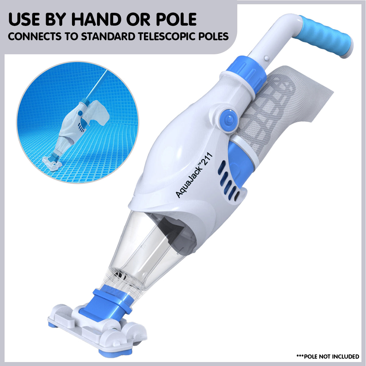 Aquajack 211 Cordless Rechargeable Spa and Pool Vacuum Cleaner with wide suction head and rechargeable battery.