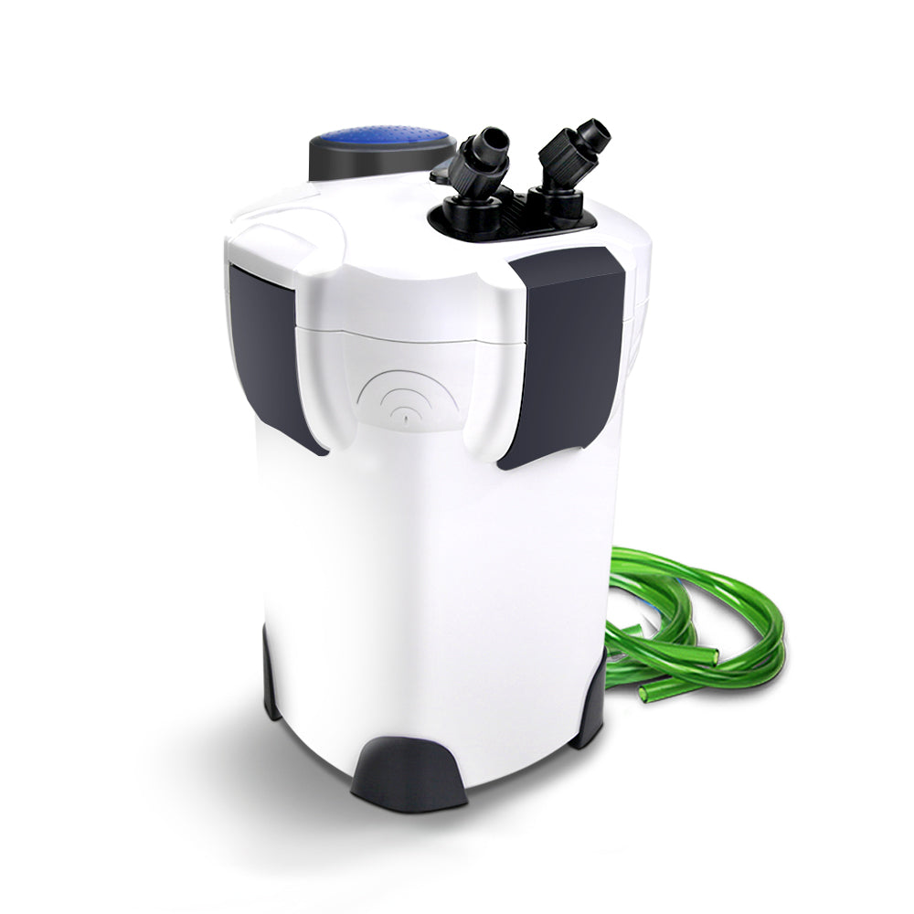 Aqua Fish Tank UV Light Canister Filter with media, showcasing its sleek design and accessories for aquarium filtration.