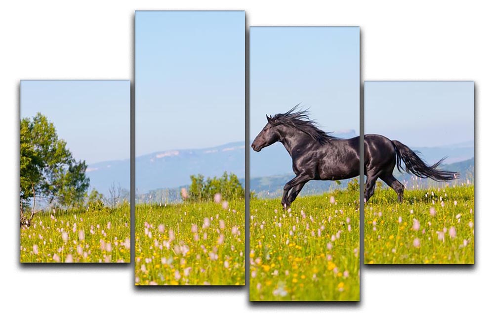 A vibrant 4-split canvas artwork depicting an Arab racer galloping across a lush green summer meadow, showcasing dynamic motion and vivid colors.