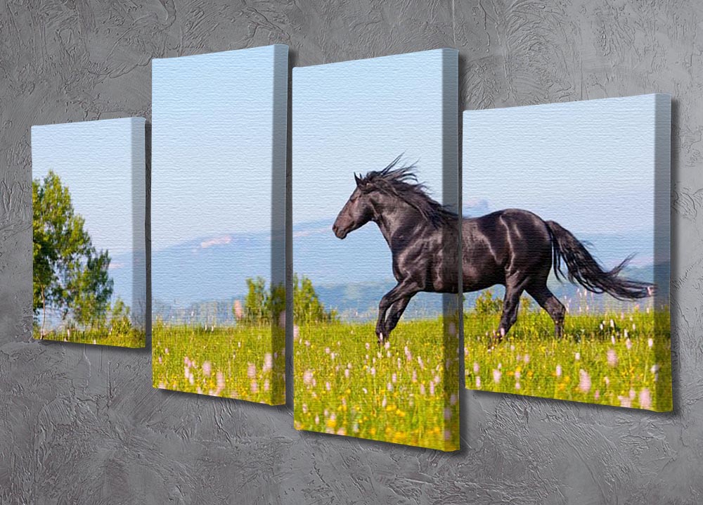 A vibrant 4-split canvas artwork depicting an Arab racer galloping across a lush green summer meadow, showcasing dynamic motion and vivid colors.