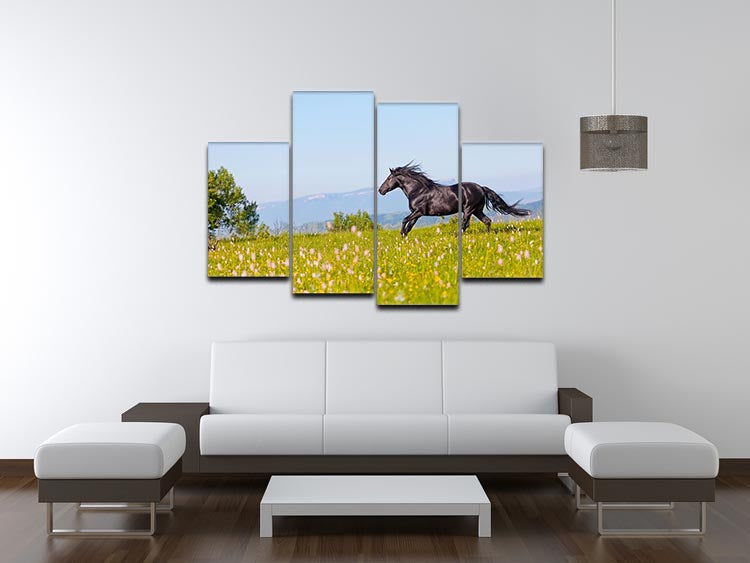 A vibrant 4-split canvas artwork depicting an Arab racer galloping across a lush green summer meadow, showcasing dynamic motion and vivid colors.