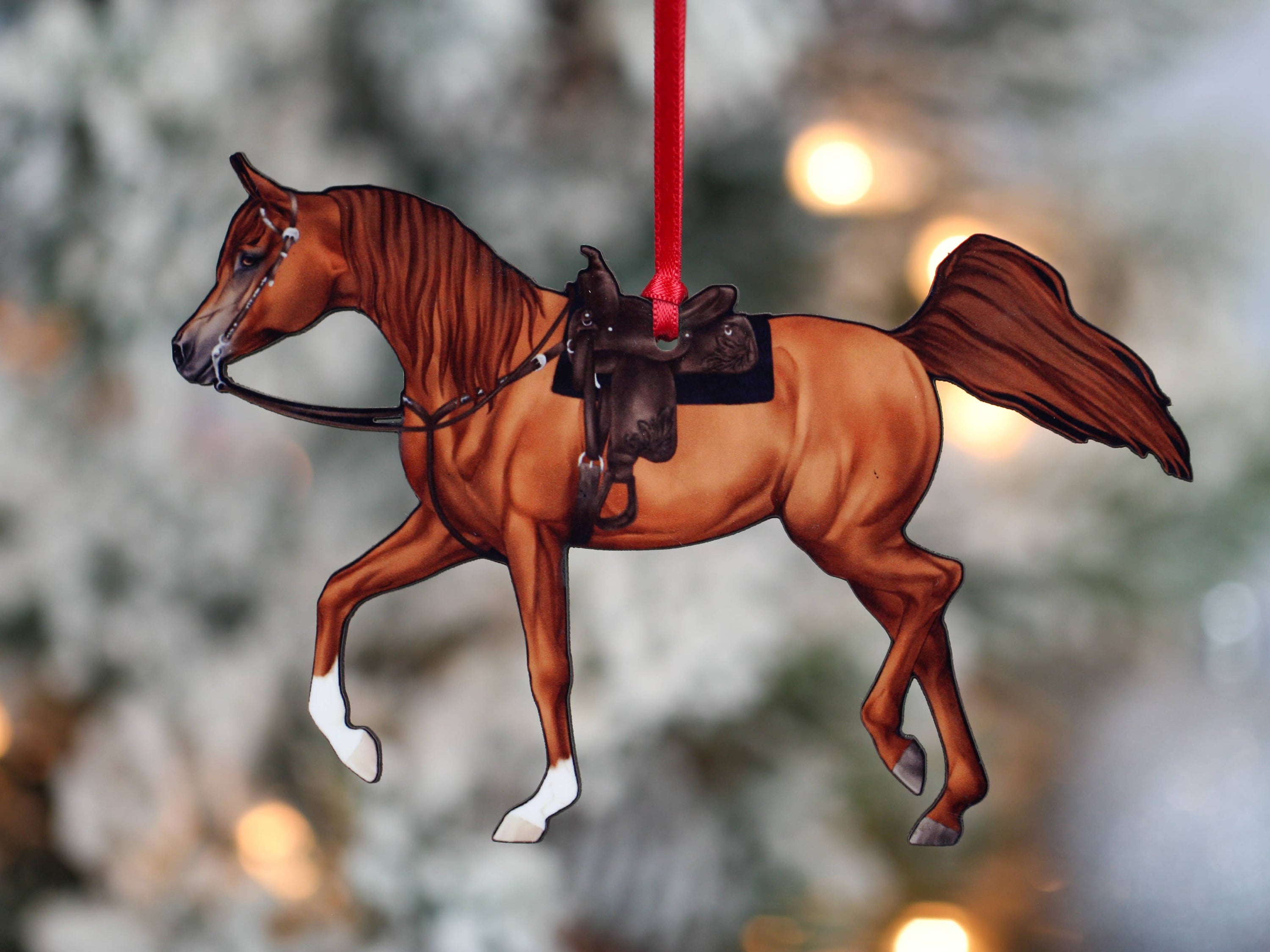 Arabian Horse Chestnut Show Horse Ornament, handmade from composite wood, featuring a glossy finish and intricate laser-cut design.