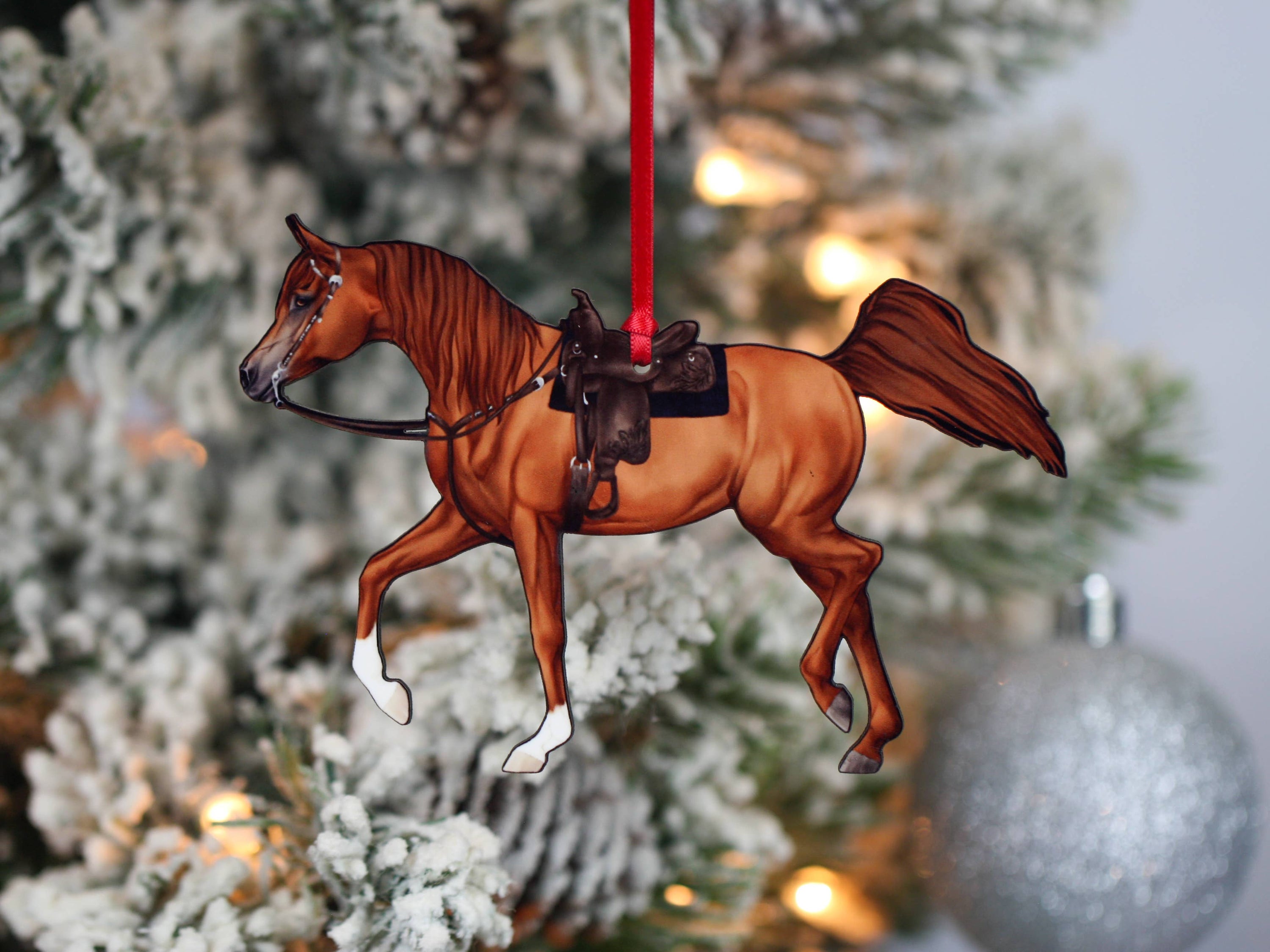 Arabian Horse Chestnut Show Horse Ornament, handmade from composite wood, featuring a glossy finish and intricate laser-cut design.