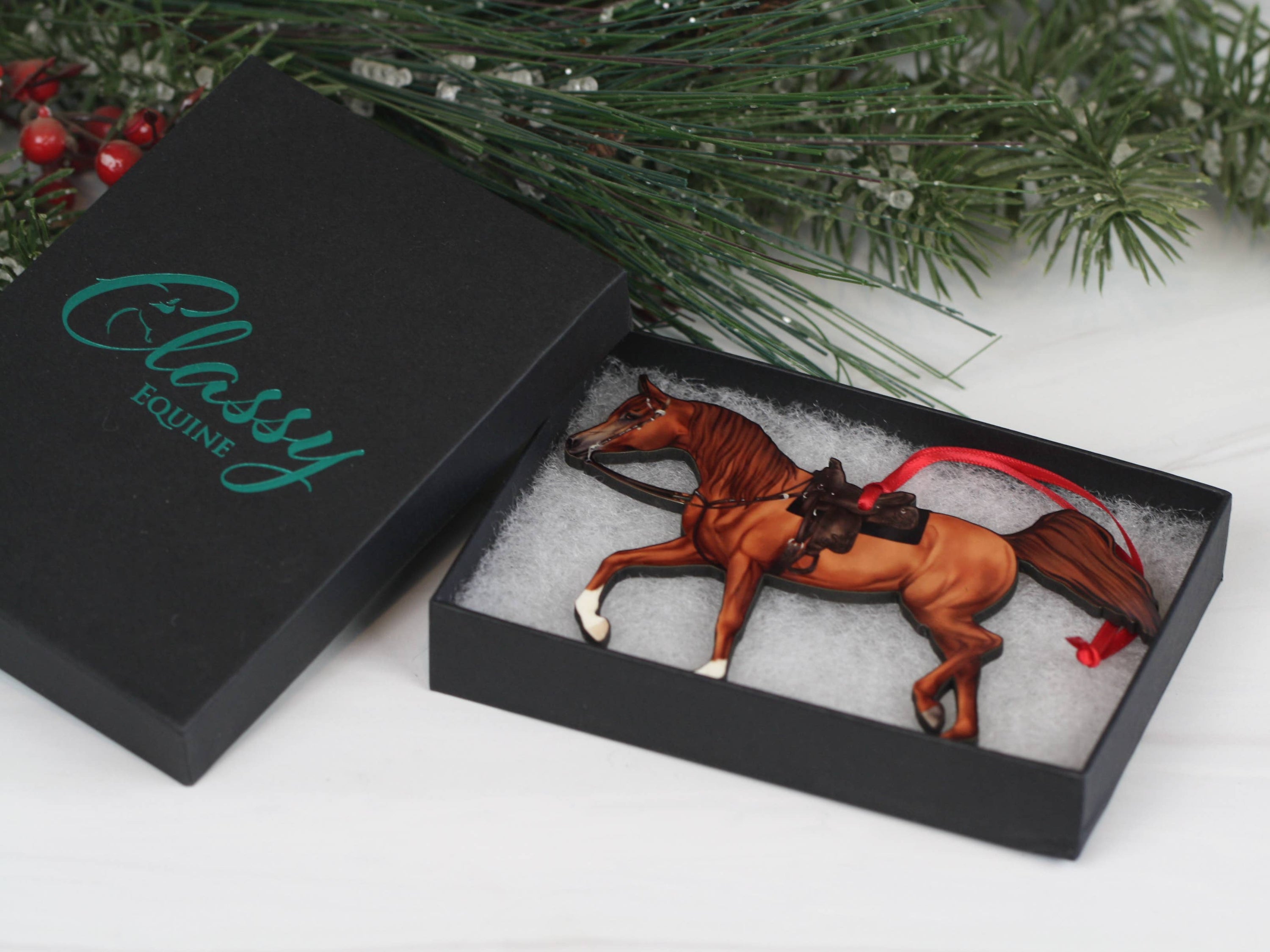 Arabian Horse Chestnut Show Horse Ornament, handmade from composite wood, featuring a glossy finish and intricate laser-cut design.