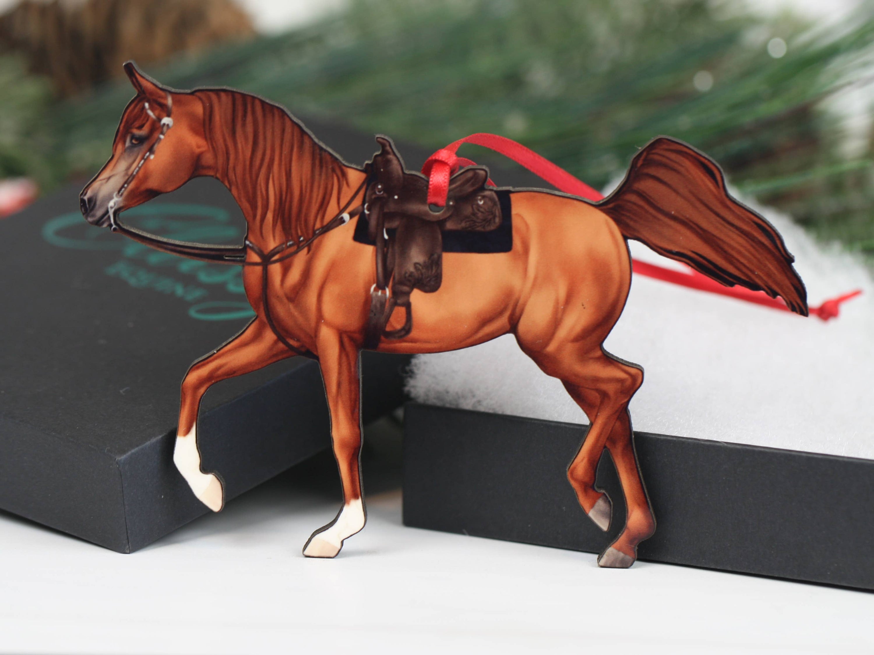 Arabian Horse Chestnut Show Horse Ornament, handmade from composite wood, featuring a glossy finish and intricate laser-cut design.
