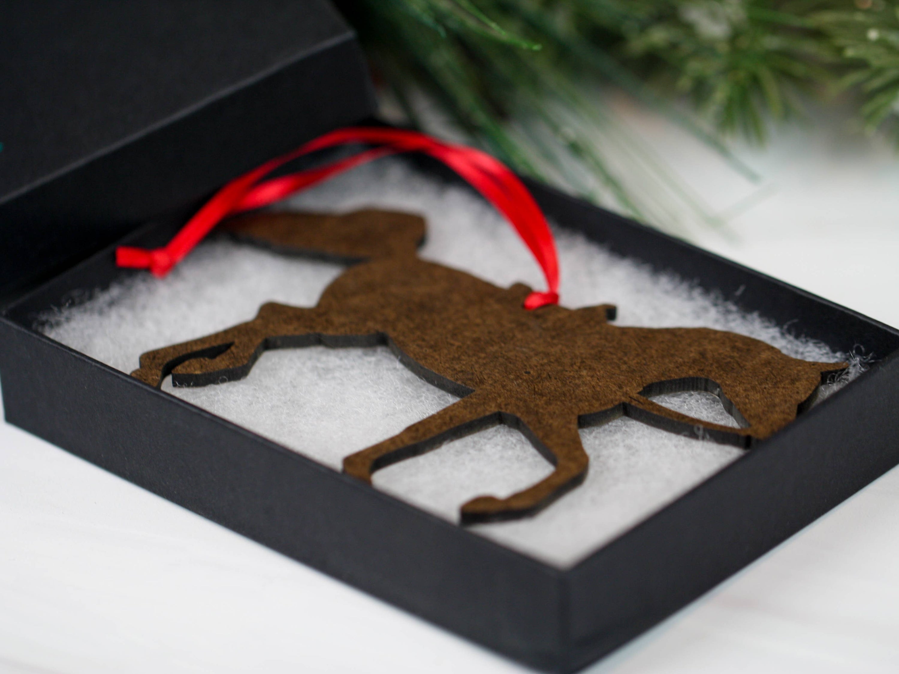 Arabian Horse Chestnut Show Horse Ornament, handmade from composite wood, featuring a glossy finish and intricate laser-cut design.