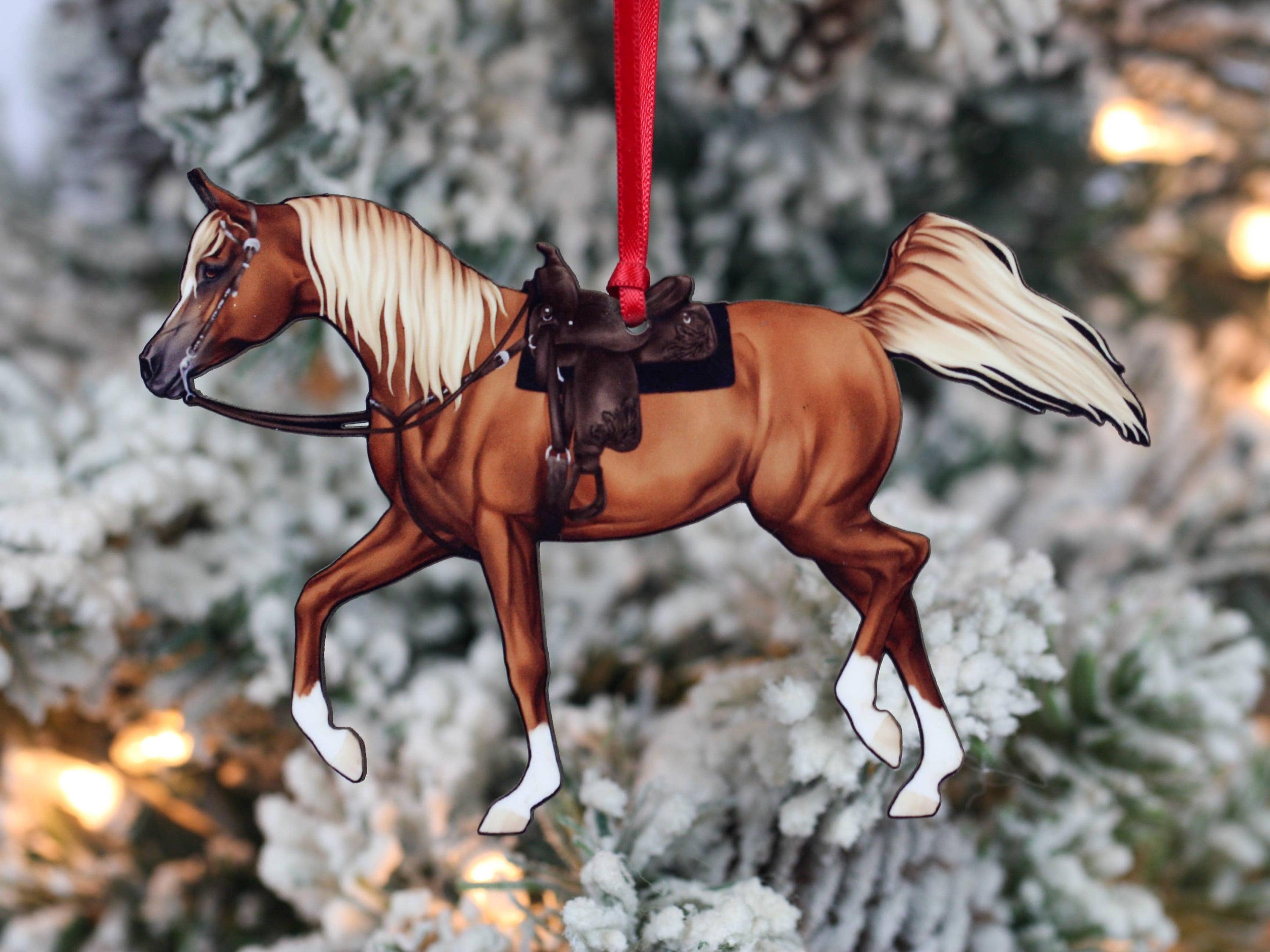 Flaxen chestnut Arabian horse ornament, handmade from composite wood, featuring glossy finish and intricate details.