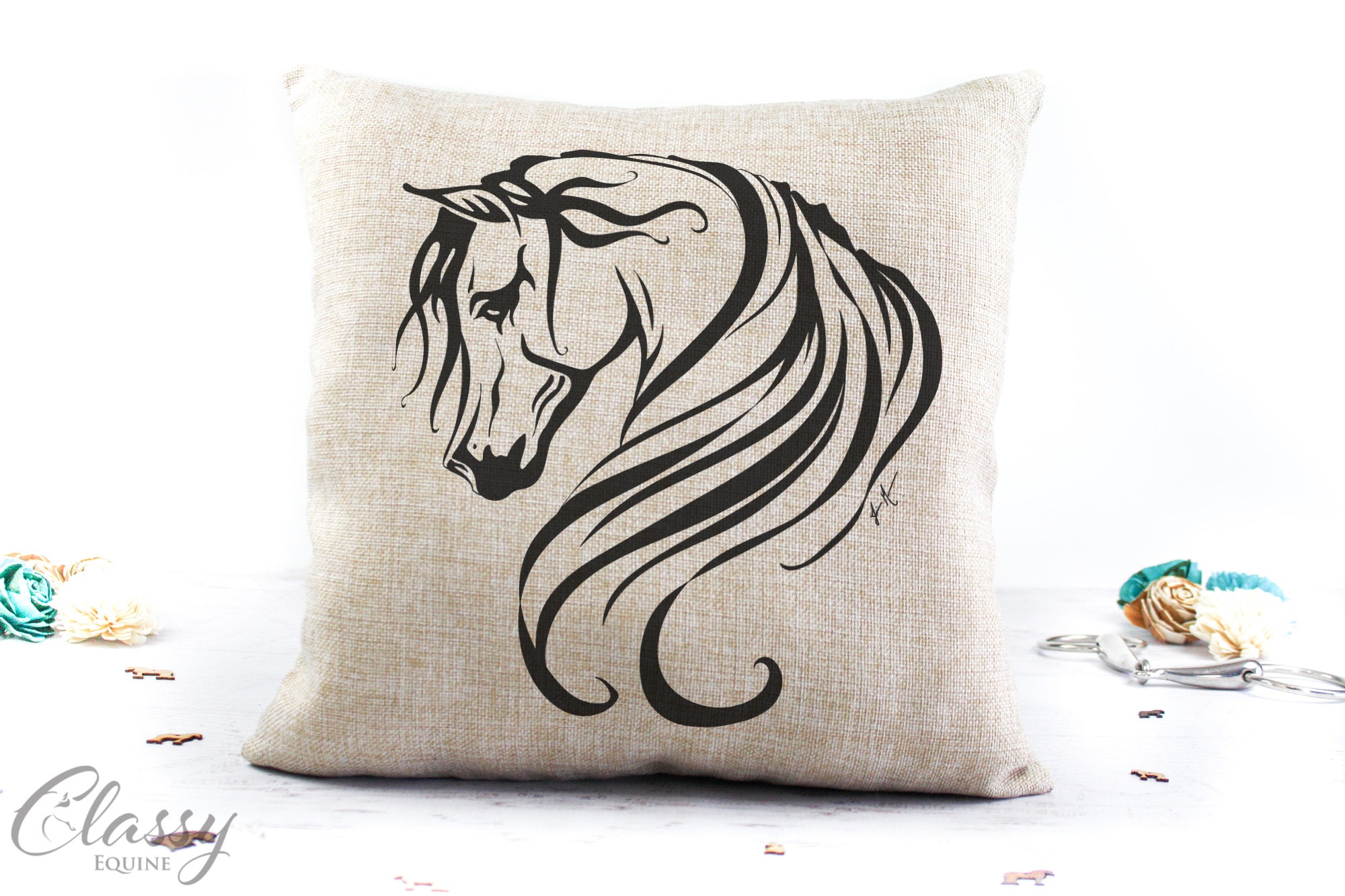 Arabian Horse Pillow Cover featuring a classy illustration by Jamie Mammano on faux burlap fabric, measuring 16x16 inches.
