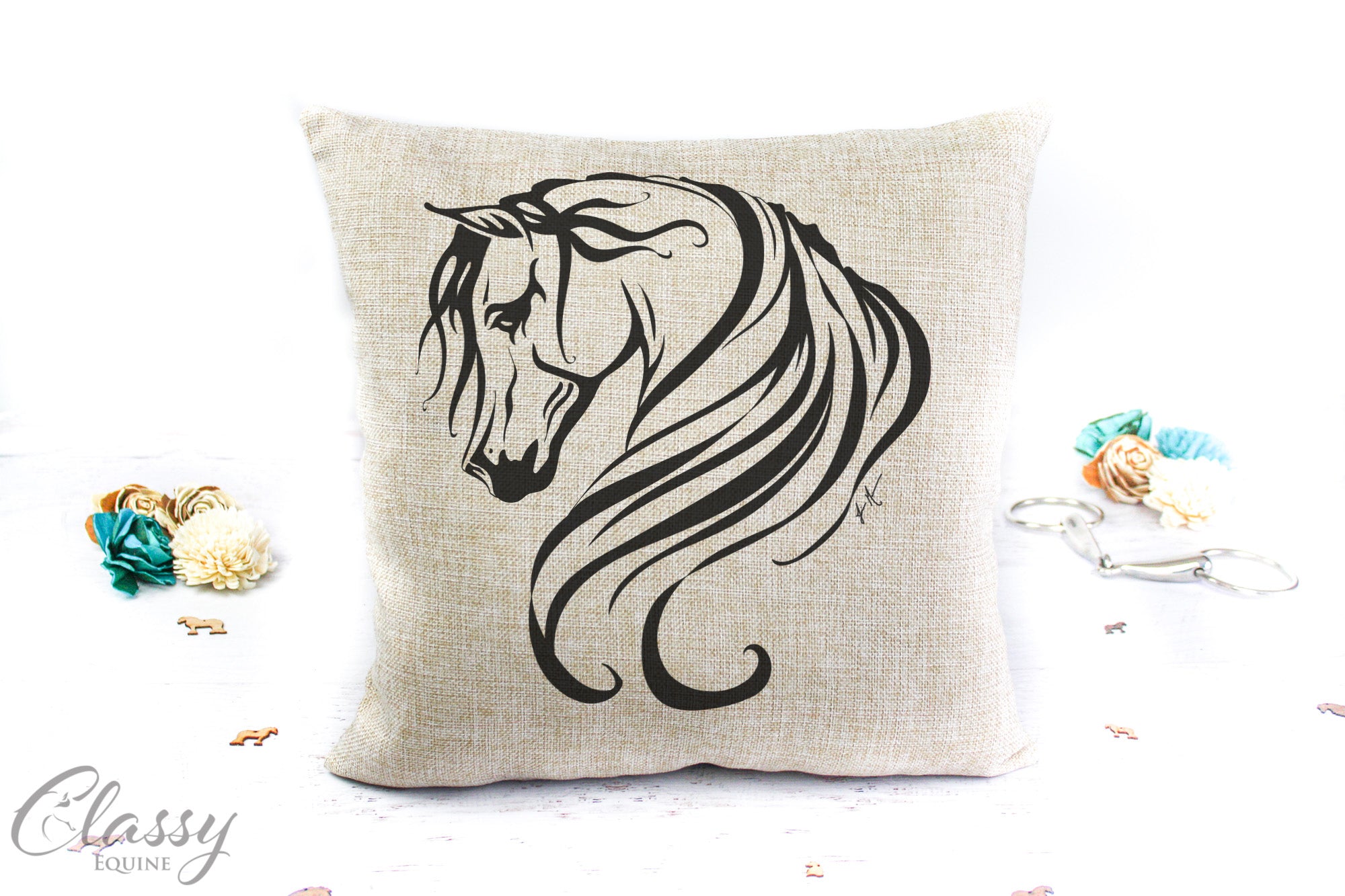 Arabian Horse Pillow Cover featuring a classy illustration by Jamie Mammano on faux burlap fabric, measuring 16x16 inches.