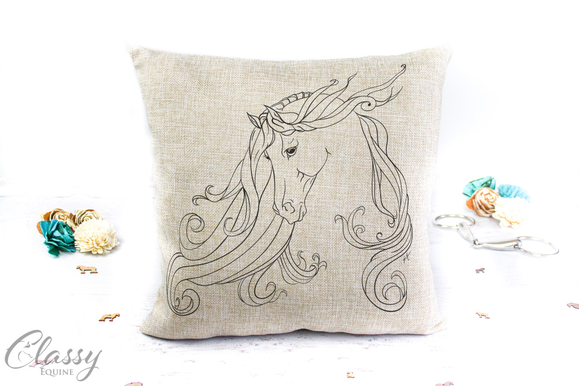 Arabian Horse Pillow Cover - Grace featuring a beautiful Gypsy Horse design on faux burlap fabric, perfect for home decor.