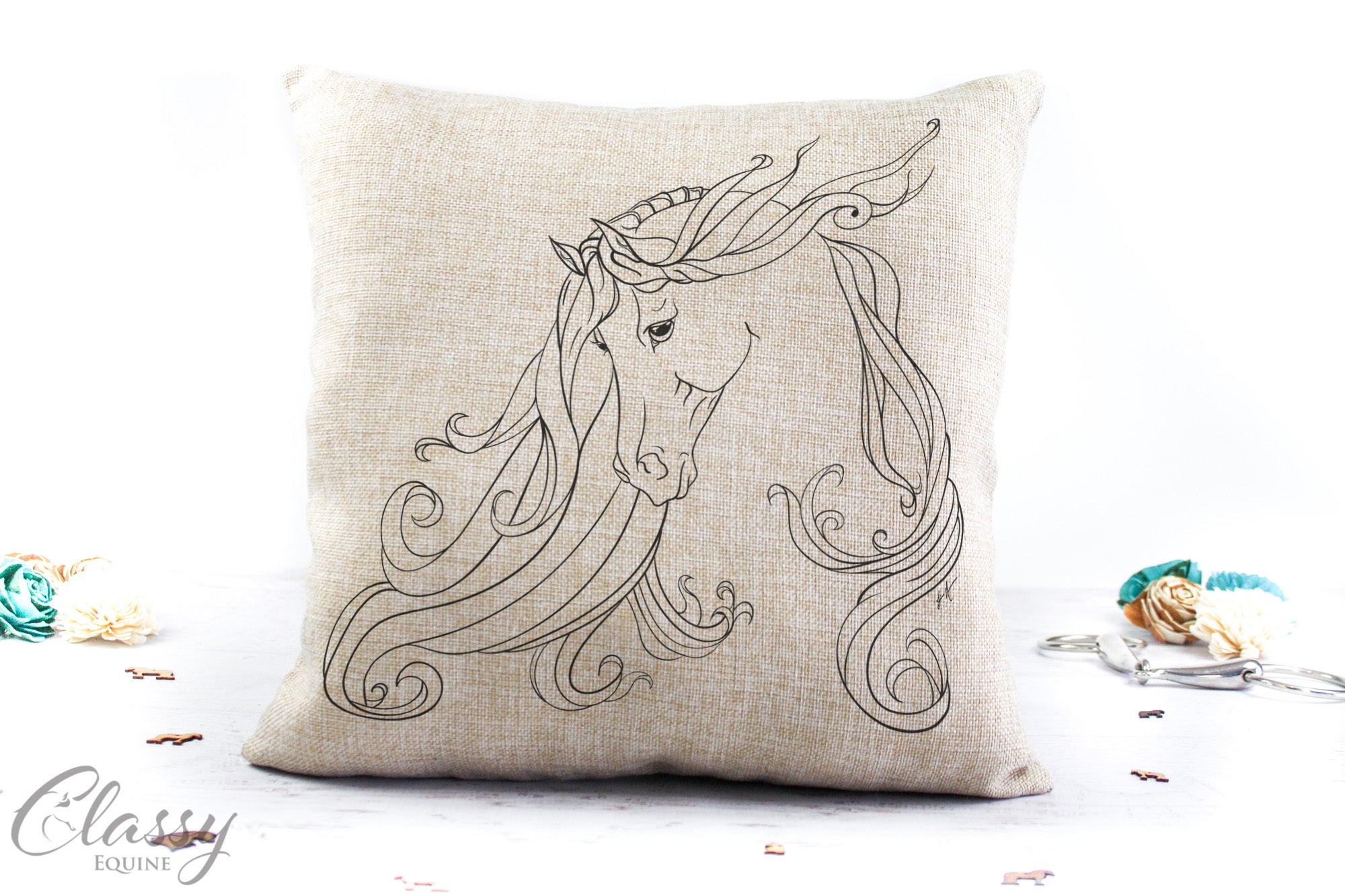 Arabian Horse Pillow Cover - Grace featuring a beautiful Gypsy Horse design on faux burlap fabric, perfect for home decor.