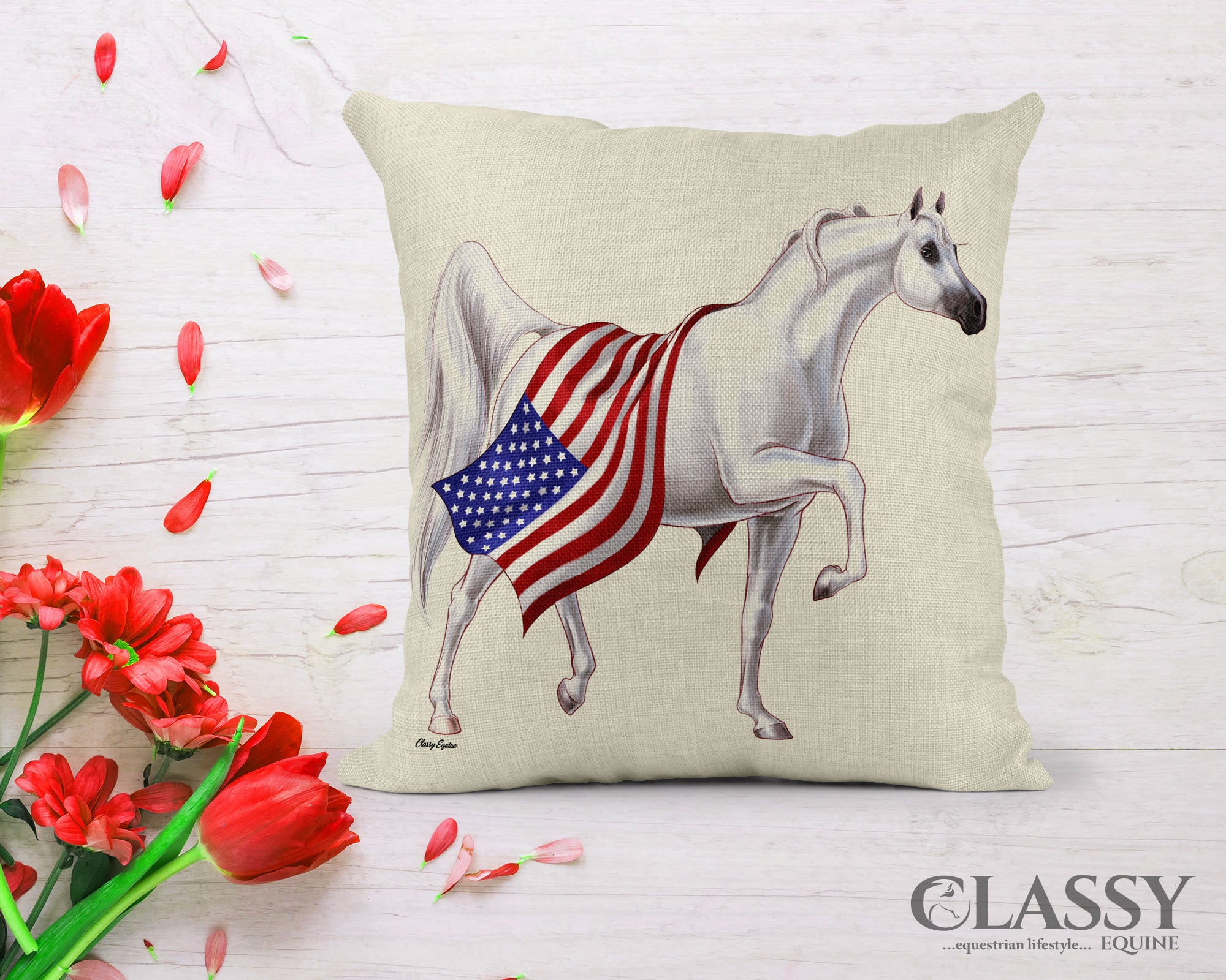 A 16x16 faux burlap pillow cover featuring a patriotic Arabian Horse carrying an American flag, perfect for home decor.