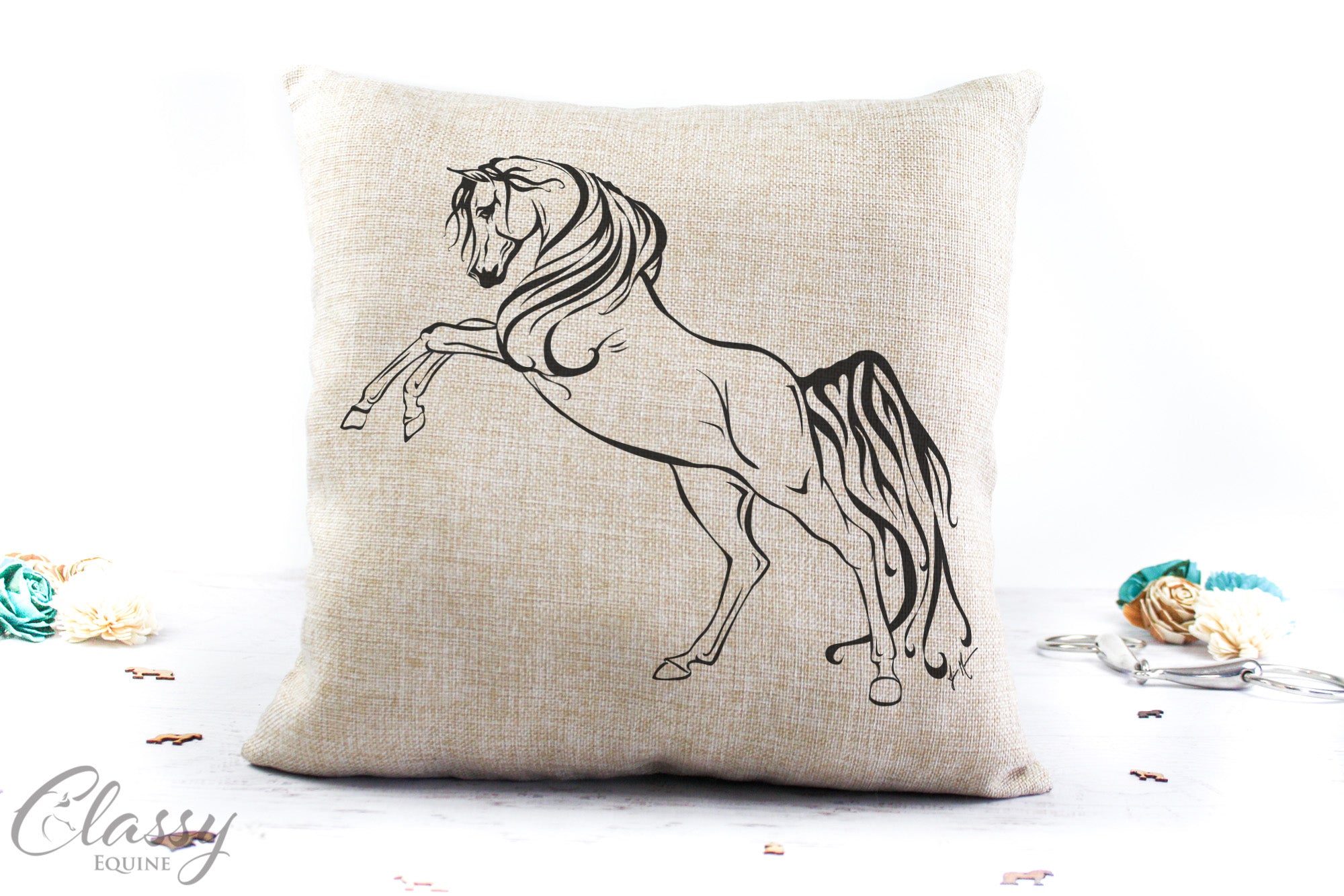 A decorative 16x16 pillow cover featuring a rearing Arabian horse illustration on a faux burlap background.