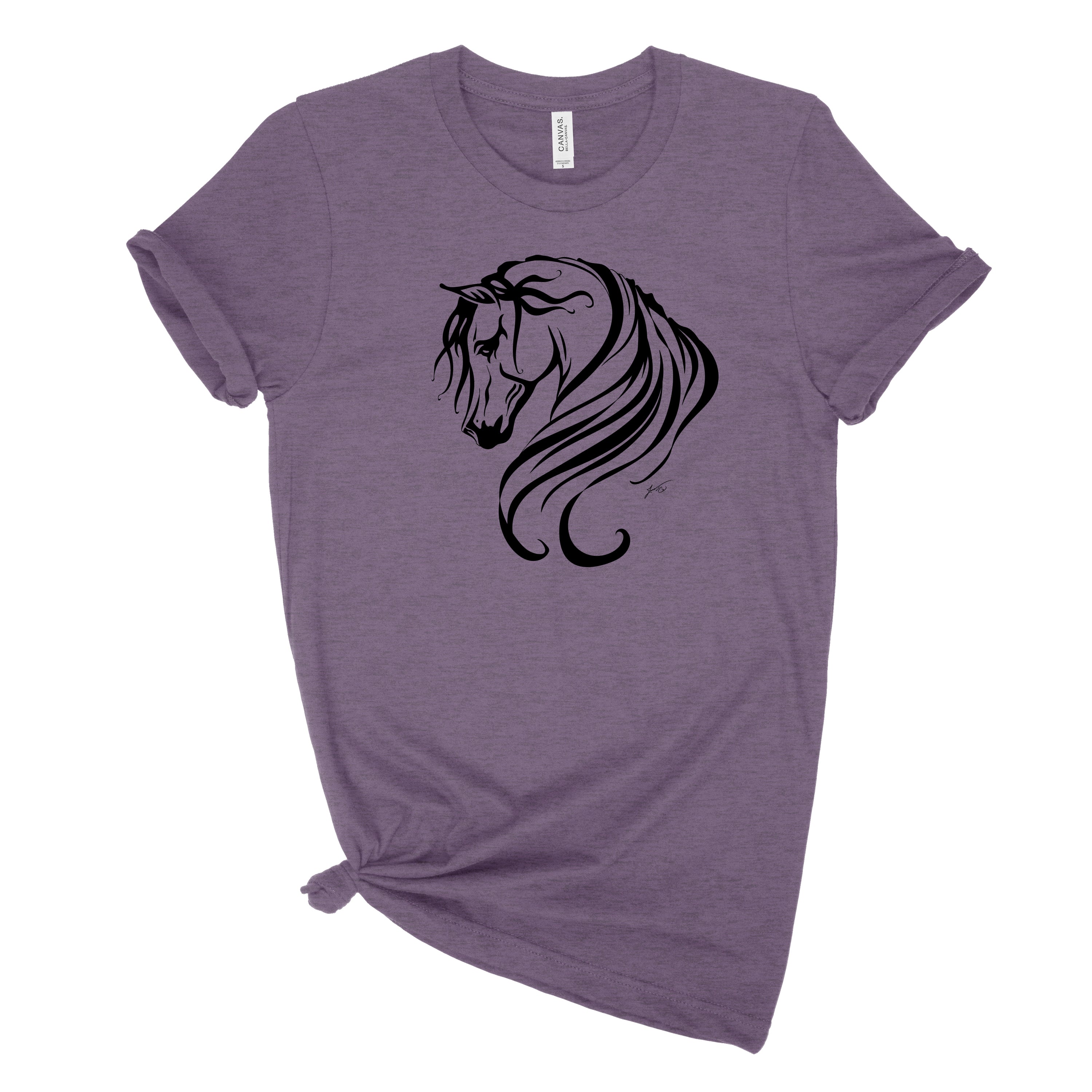 Unisex Arabian Horse Tee Shirt in heather team purple featuring a stunning design of a Breathless Arabian horse.