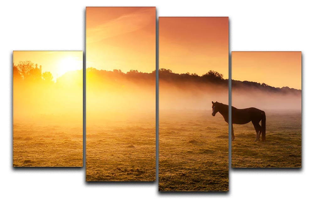A beautiful 4-split canvas artwork depicting Arabian horses grazing at sundown, illuminated by warm orange sunlight.
