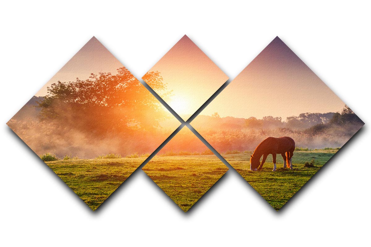 A stunning 4-square canvas artwork depicting Arabian horses grazing at sundown, illuminated by warm orange sunlight.