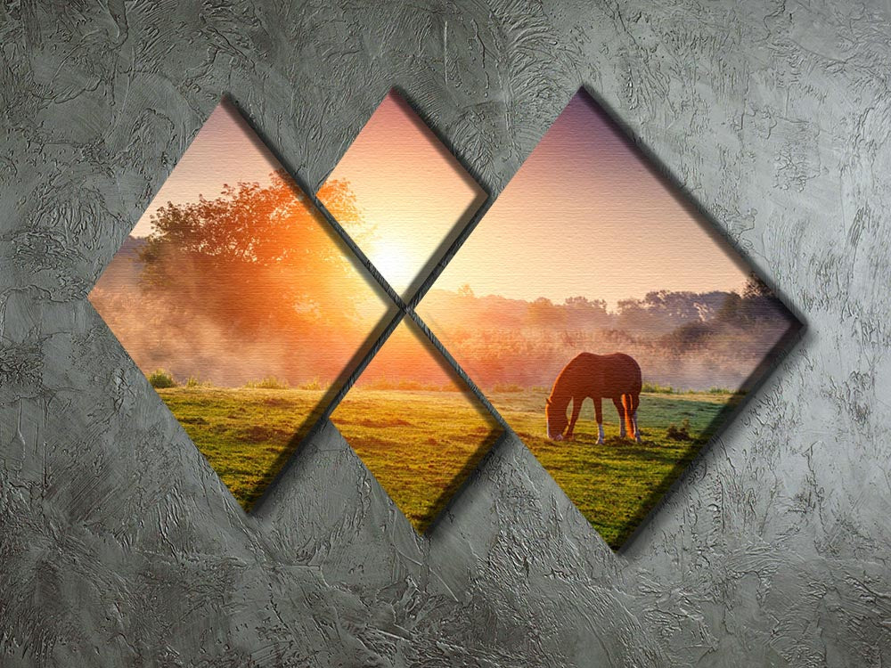 A stunning 4-square canvas artwork depicting Arabian horses grazing at sundown, illuminated by warm orange sunlight.