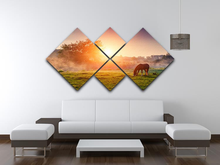 A stunning 4-square canvas artwork depicting Arabian horses grazing at sundown, illuminated by warm orange sunlight.