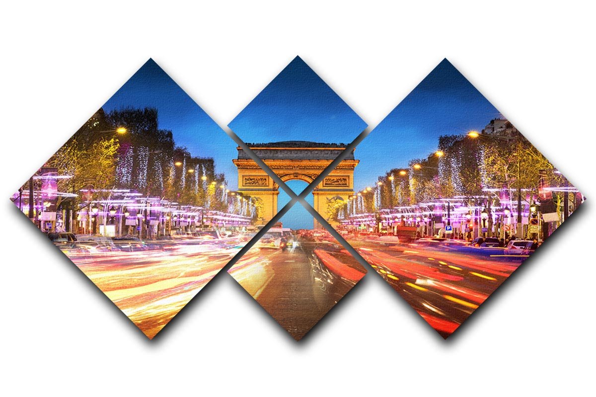 A stunning 4-panel canvas artwork depicting the Arc de Triomphe in Paris during sunset, showcasing vibrant colors and intricate details.