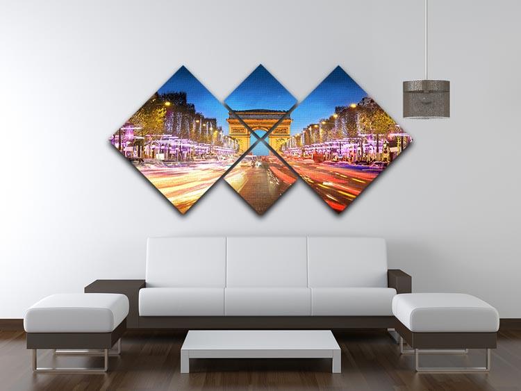 A stunning 4-panel canvas artwork depicting the Arc de Triomphe in Paris during sunset, showcasing vibrant colors and intricate details.