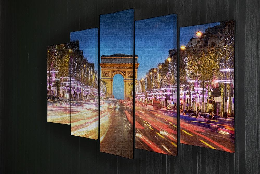 5 split panel canvas artwork featuring the Arc de Triomphe in Paris during sunset, showcasing vibrant colors and intricate details.