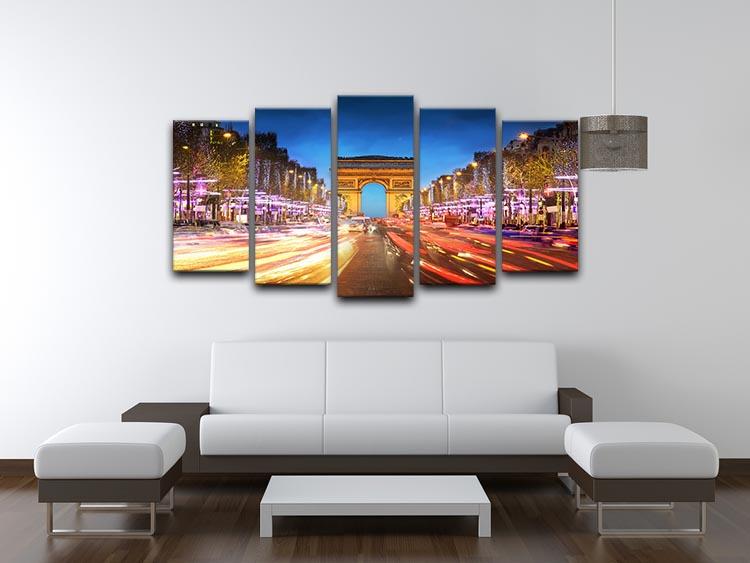 5 split panel canvas artwork featuring the Arc de Triomphe in Paris during sunset, showcasing vibrant colors and intricate details.