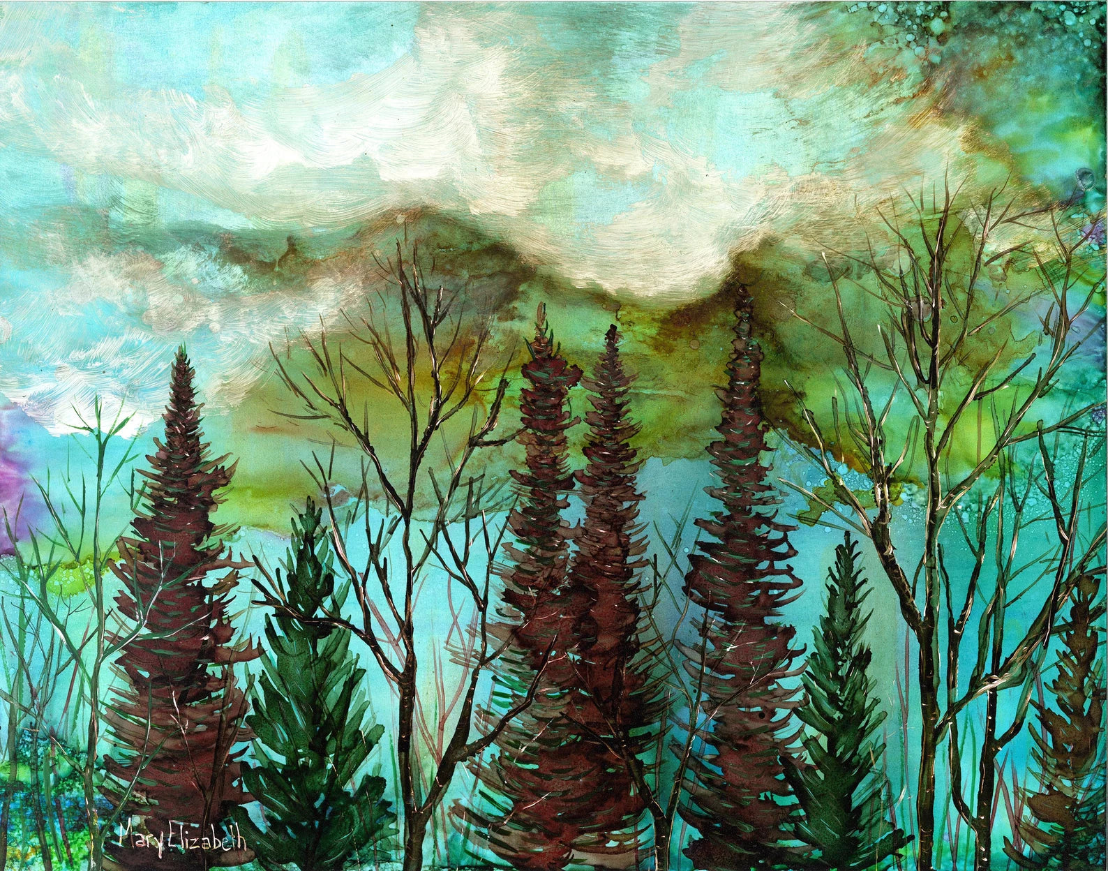 Vibrant abstract landscape art print titled Arctic Sky, showcasing intricate details and soothing colors created with alcohol inks.