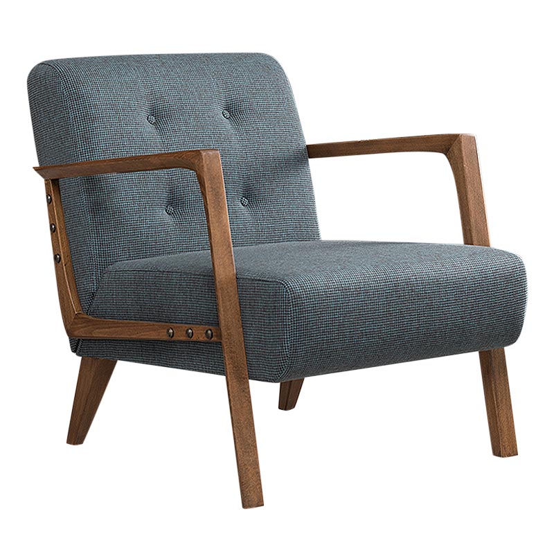 BUCKINGHAM Armchair in Blue-Brown fabric with natural beech wood legs, stylish and comfortable for home or office use.