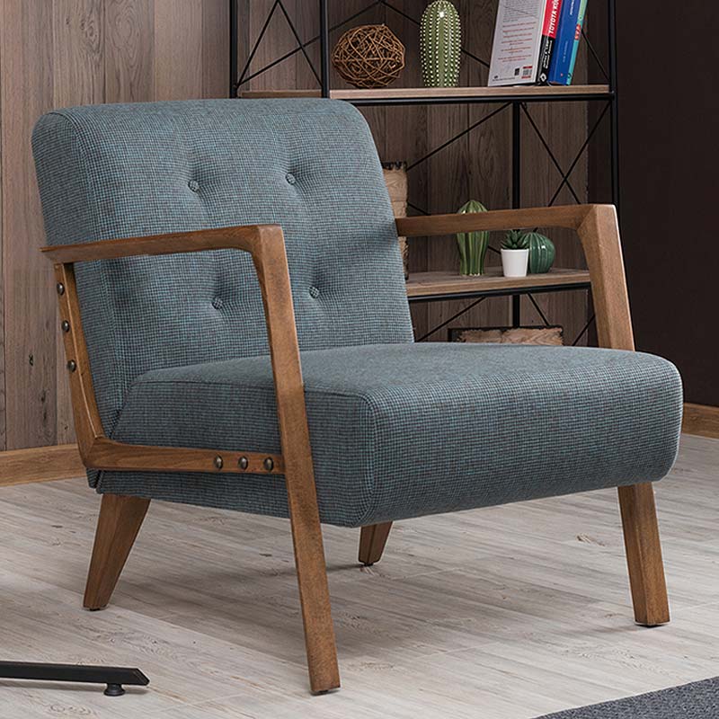 BUCKINGHAM Armchair in Blue-Brown fabric with natural beech wood legs, stylish and comfortable for home or office use.