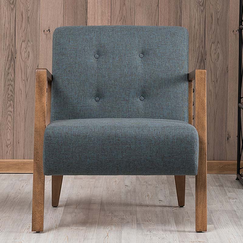 BUCKINGHAM Armchair in Blue-Brown fabric with natural beech wood legs, stylish and comfortable for home or office use.