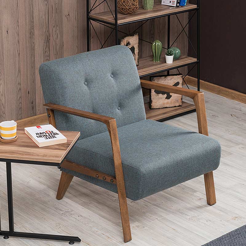 BUCKINGHAM Armchair in Blue-Brown fabric with natural beech wood legs, stylish and comfortable for home or office use.