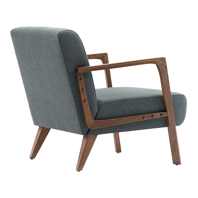 BUCKINGHAM Armchair in Blue-Brown fabric with natural beech wood legs, stylish and comfortable for home or office use.