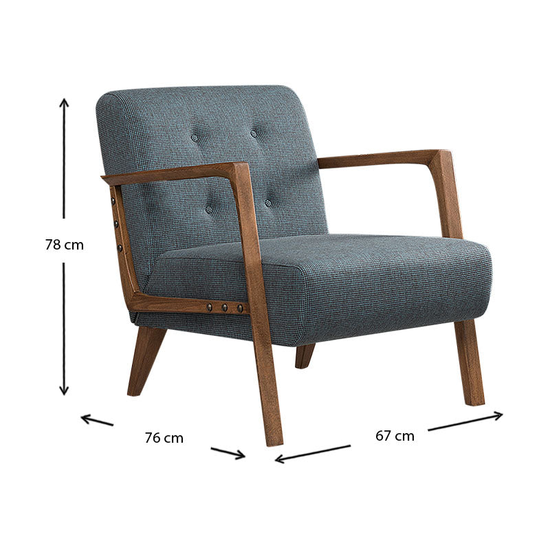 BUCKINGHAM Armchair in Blue-Brown fabric with natural beech wood legs, stylish and comfortable for home or office use.