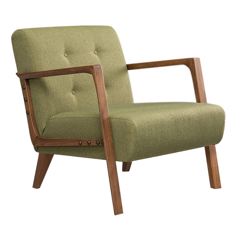 BUCKINGHAM Green Armchair with natural beech wood legs, featuring a stylish green-brown fabric upholstery.